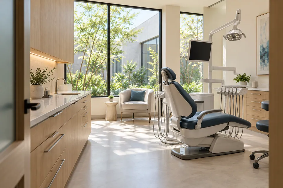 Modern dental treatment room with a blue chair, warm wood cabinetry and natural light